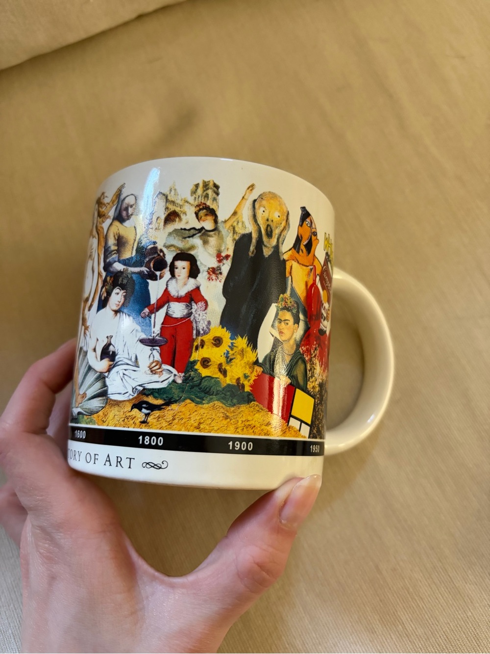Decorative Art History Ceramic Mug in Cream with Multicolor Print